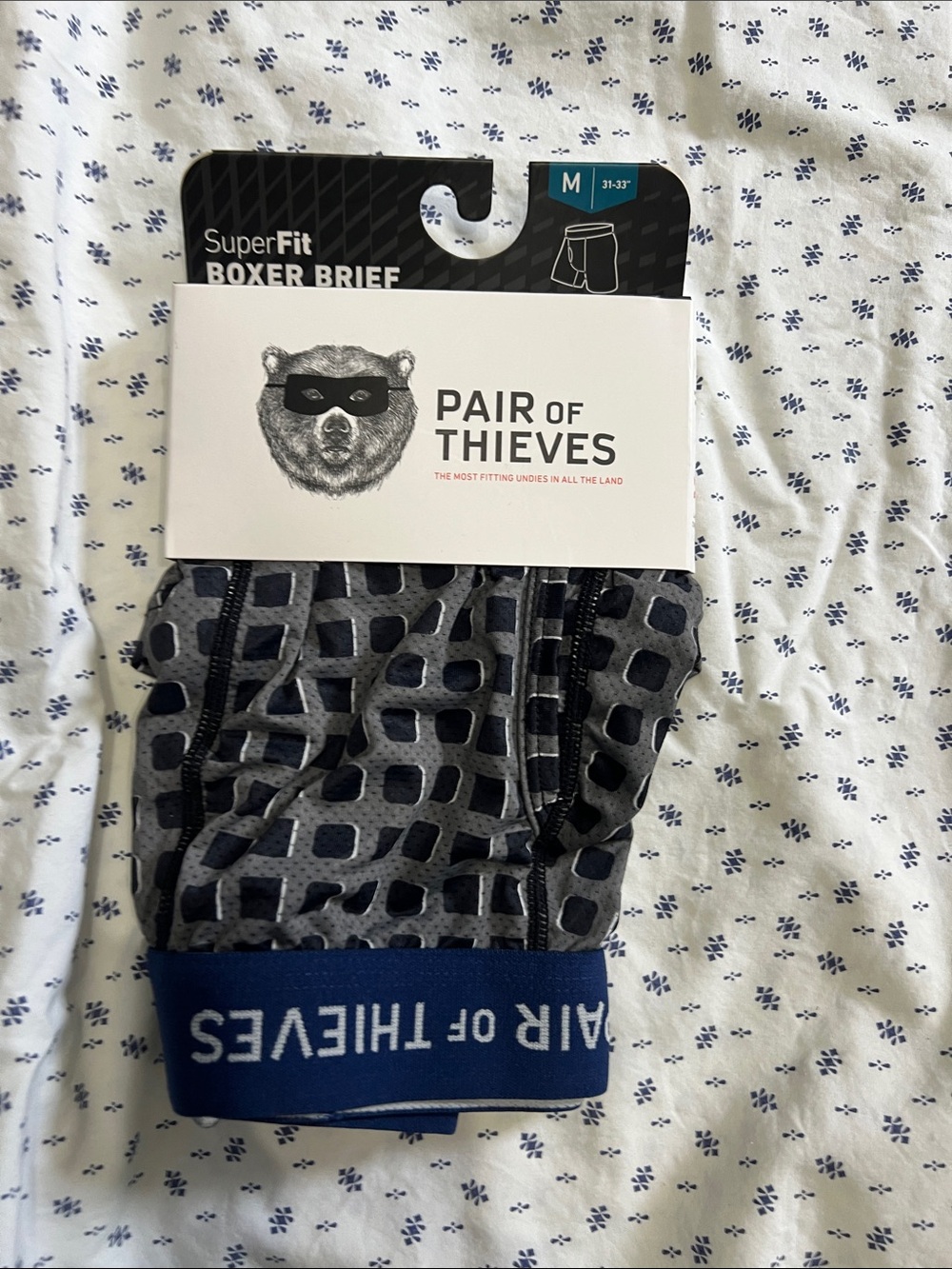 Pair of Thieves Men’s Boxer Briefs - Gray Pattern with Blue Waistband